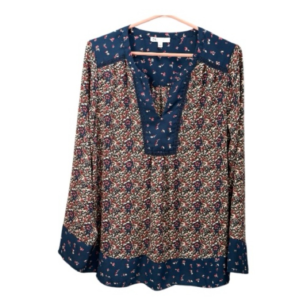 DR2 Bohemian Tunic Top/Blouse, Sz Lg, Navy/Cream/Raspberry, Floral Print.